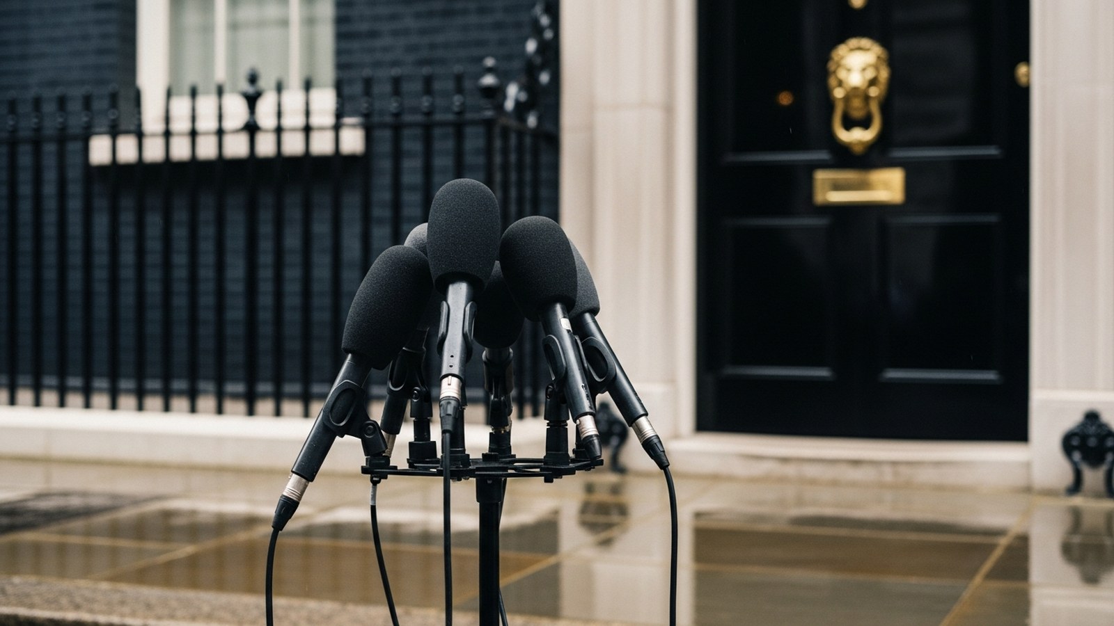 A cluster of broadcast microphones before a glossy black Georgian front door, wet pavement reflecting the overcast light
