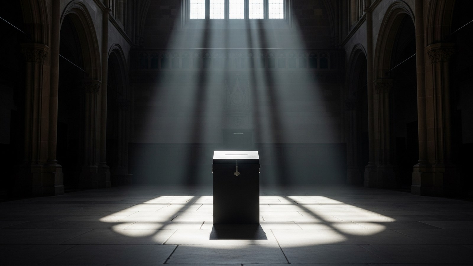 A single closed ballot box standing alone on the stone floor of a dim Victorian hall, lit by one shaft of daylight