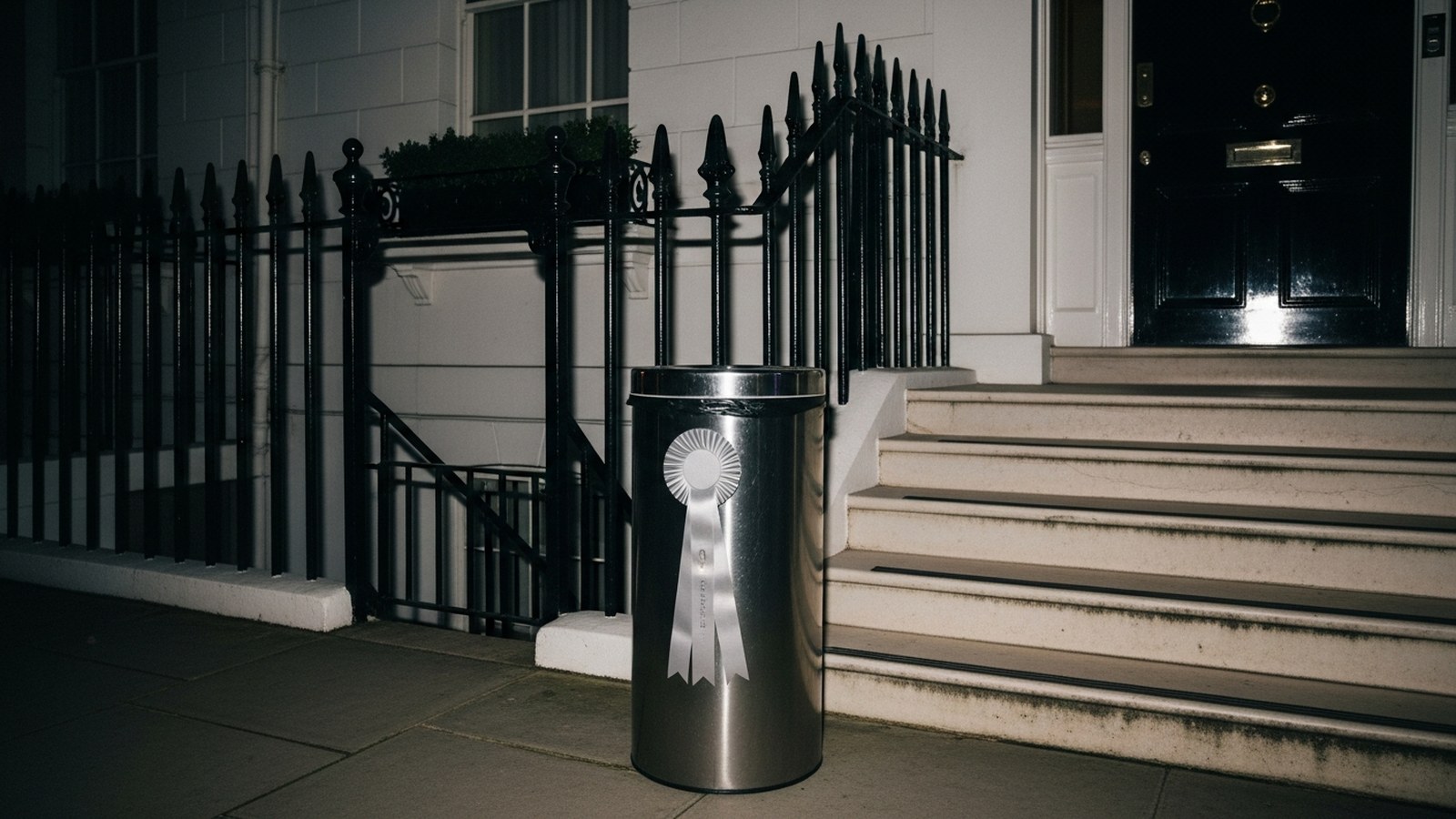 A flash-lit paparazzi photograph of a steel bin wearing a silver rosette at the foot of the steps of a grand Georgian townhouse at night