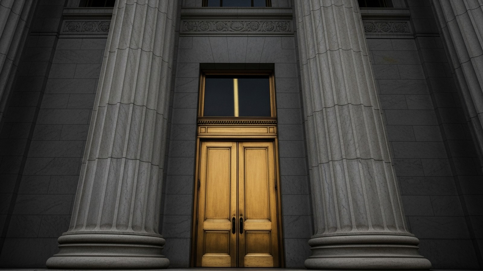 The marble facade of a grand central-bank style building under a storm-dark sky