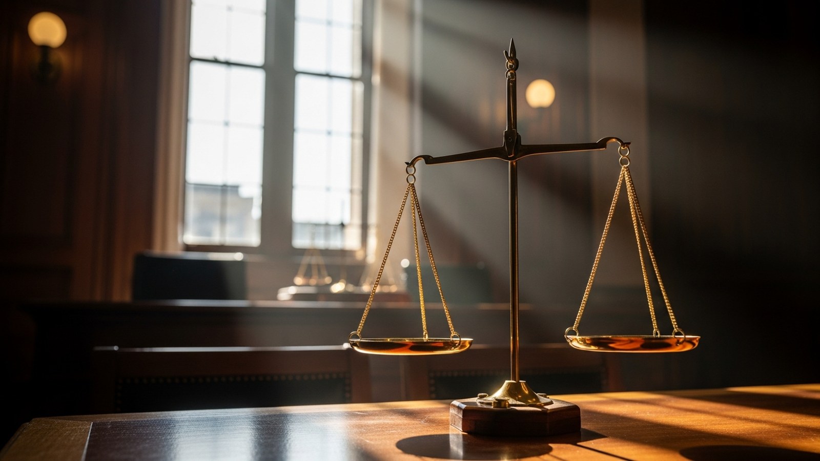 Brass scales of justice in bright morning sunlight in a wood-panelled chambers, one pan slightly lower