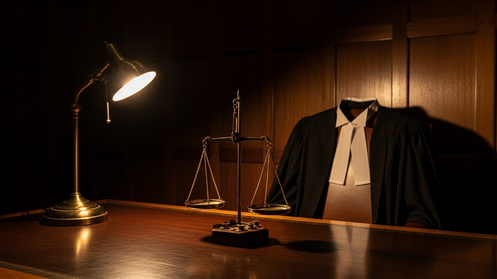 Brass scales of justice on a mahogany desk in a dark chambers, a folded gown on the chair