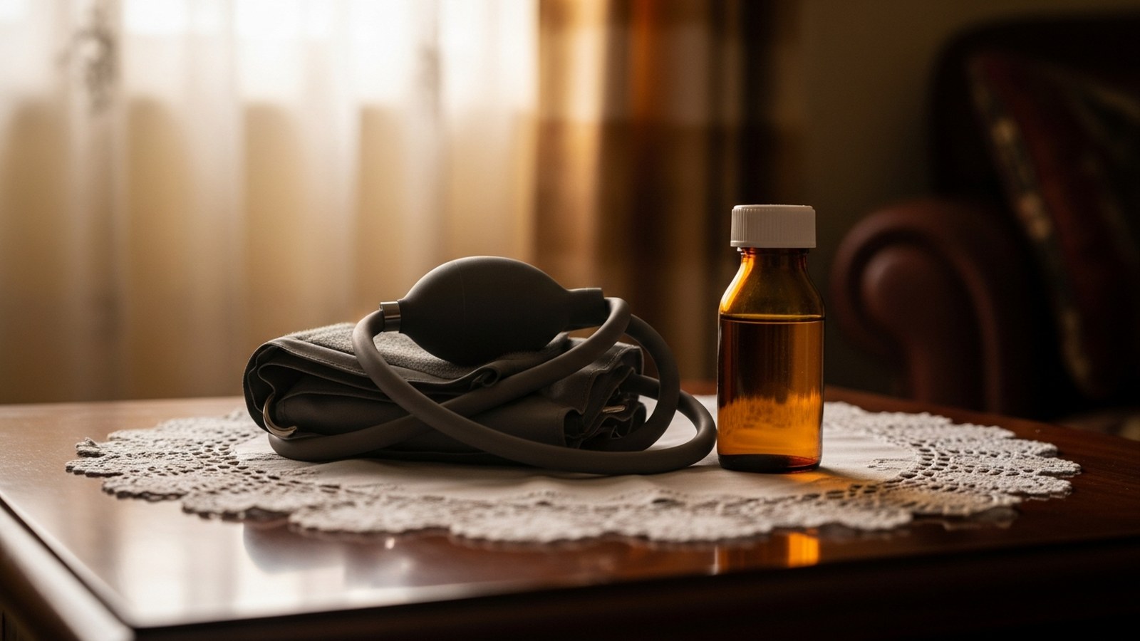 A home blood-pressure monitor with coiled cuff and a medicine bottle on a lace doily on a wooden side table