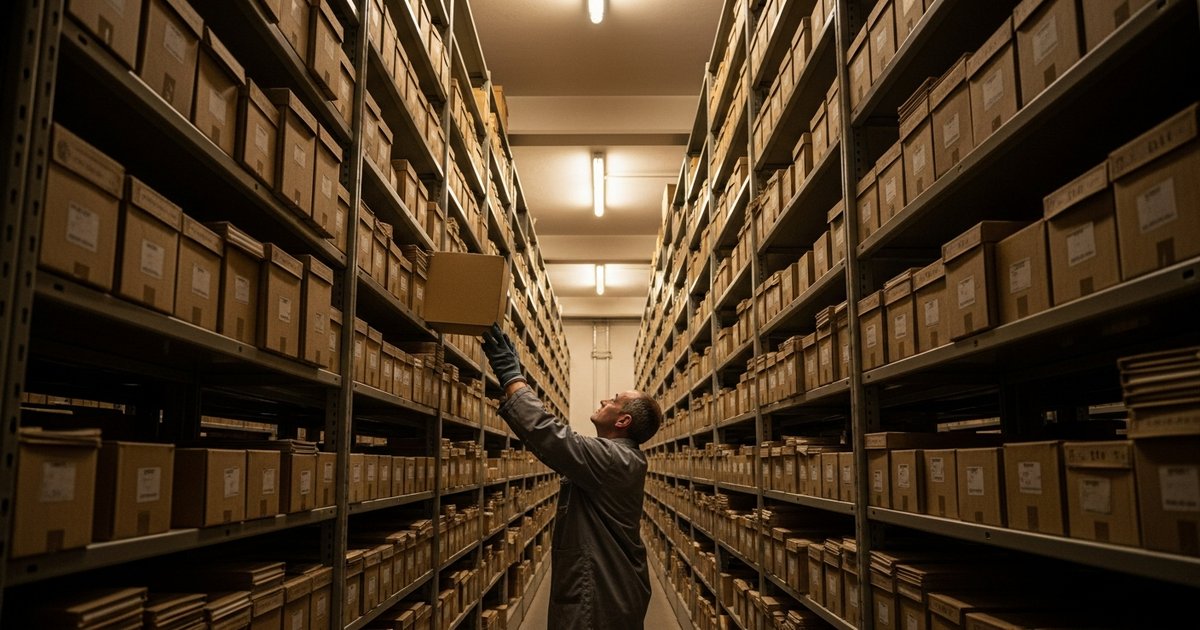A worker reaching for a labelled cardboard box on the tall shelves of an archive room, illustrating unclaimed records.