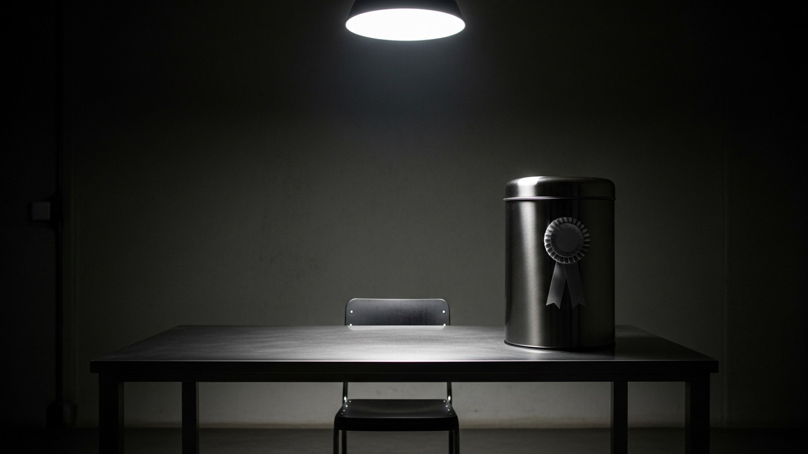 A steel bin wearing a silver rosette stands on an interrogation-room table under a single harsh lamp, an empty chair opposite