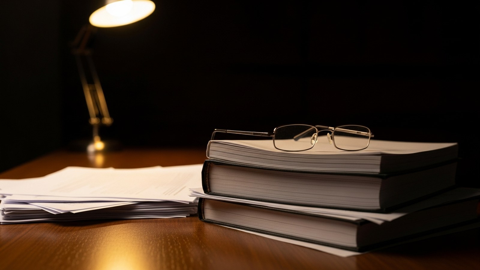 A stack of official reports under a desk lamp