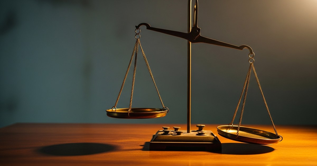 An antique brass apothecary balance scale tipped heavily to one side on a dark wooden surface, illustrating a fiscal imbalance.