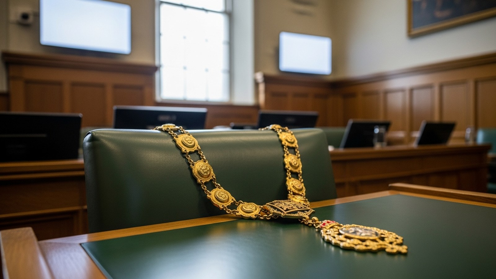 A gold ceremonial mayoral chain of office resting on a green leather chair in a wood-panelled council chamber