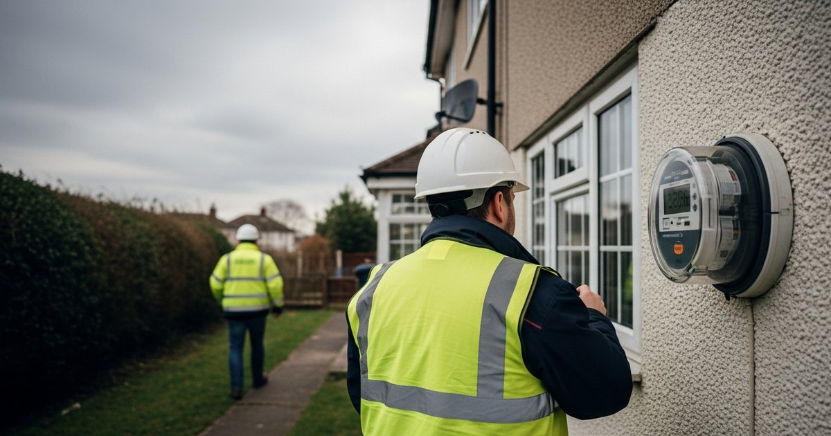 A utility worker in hi-vis and a hard hat reading an electricity meter on the wall of a UK suburban house, illustrating the energy price cap and household bills.