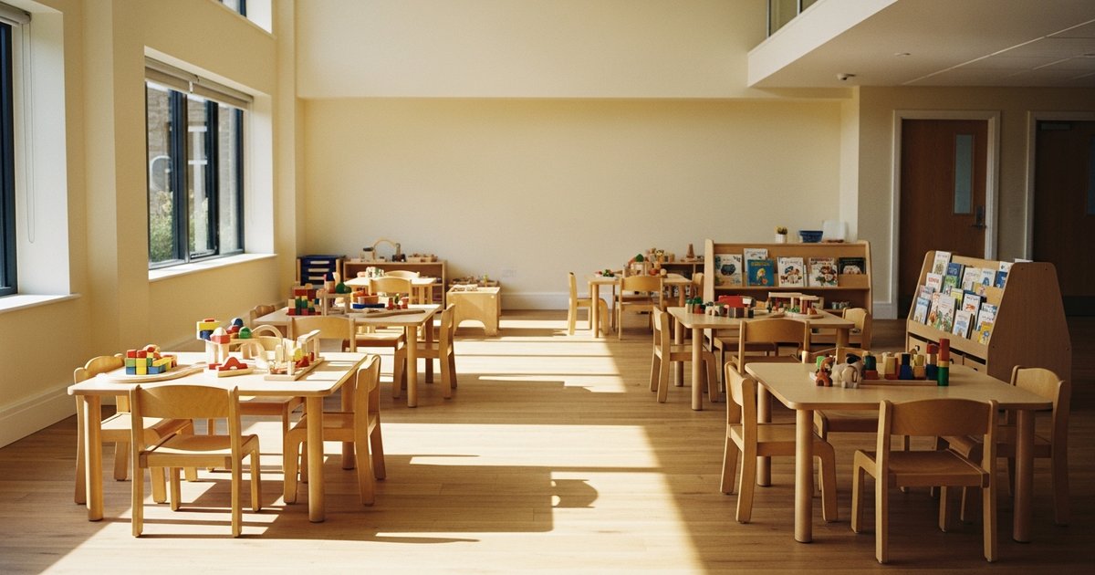 A bright UK early-years nursery room with wooden toys and small tables