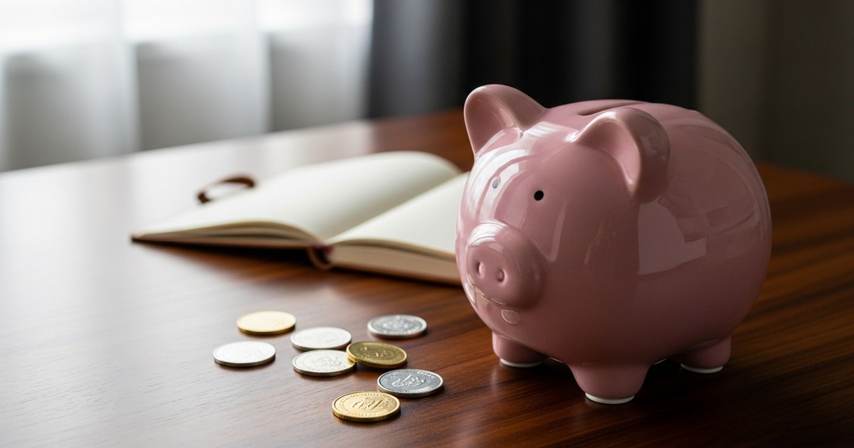 A pink ceramic piggy bank on a polished wooden desk beside scattered coins and an open notebook, illustrating UK ISA savings planning.