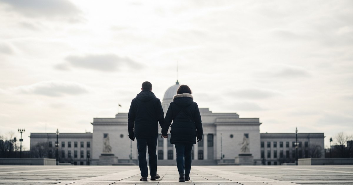 A couple holding hands walking toward a neoclassical civic government building under an overcast sky, illustrating the UK Marriage Allowance tax break for married couples and civil partners.