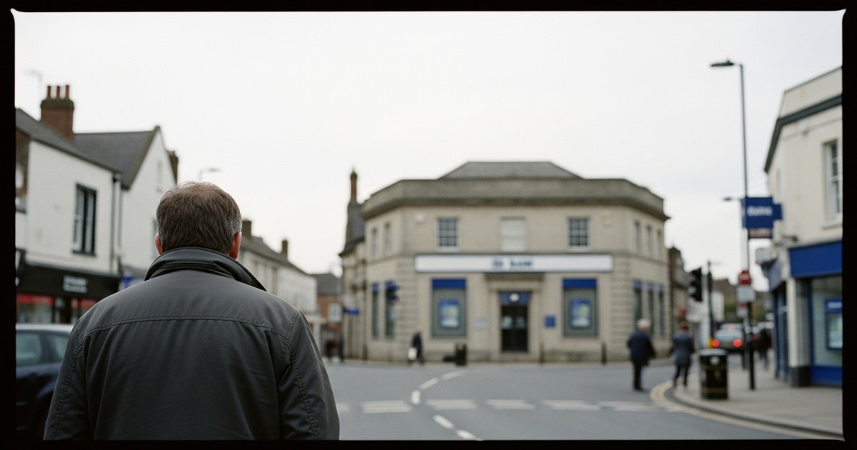 A UK high street bank building viewed from across the road, with a back-turned figure approaching, illustrating mortgage and Bank Rate decisions.
