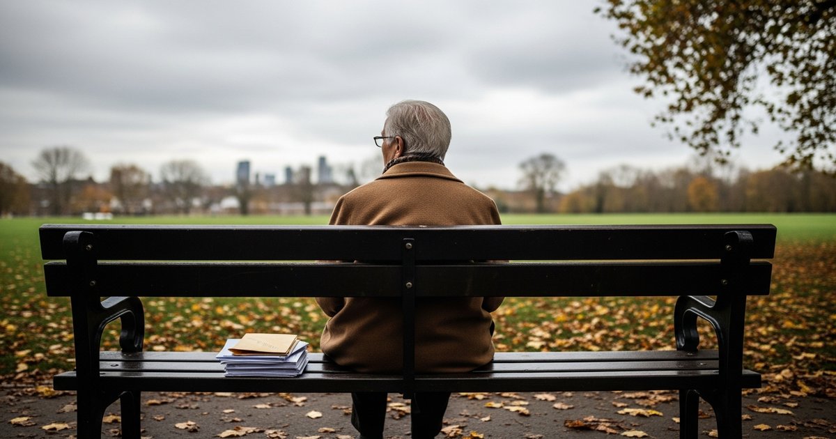 An older person sitting back-turned on a UK park bench in autumn, with a small pile of letters beside them and a city skyline in the distance, illustrating Pension Credit eligibility for older households.