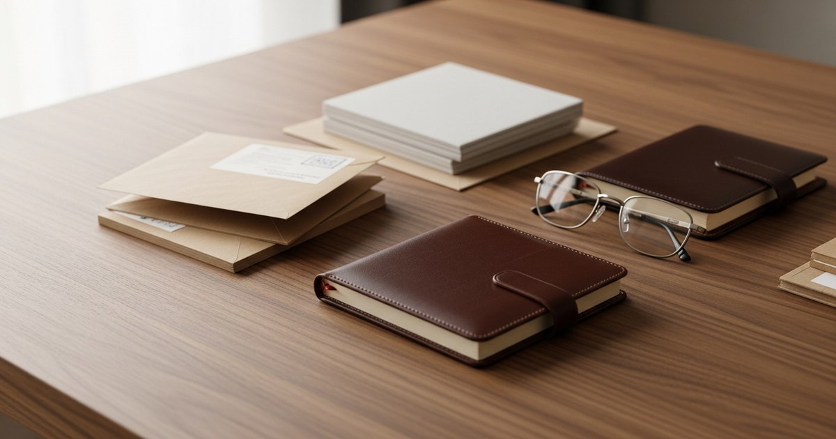 A brown government envelope opened on a wooden kitchen table beside a closed leather-bound diary and reading glasses, illustrating a Universal Credit migration notice.