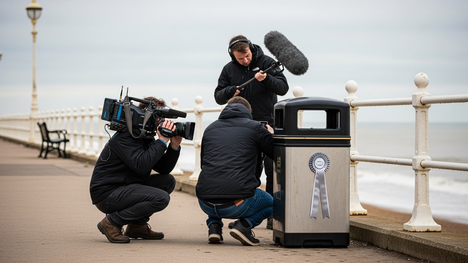 A television crew with camera and boom microphone crouches to film a municipal litter bin decorated with a silver rosette on a seaside promenade