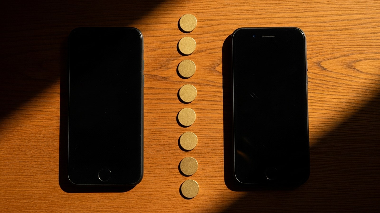 Two smartphones face-down on a wooden table with a line of plain gold discs between them