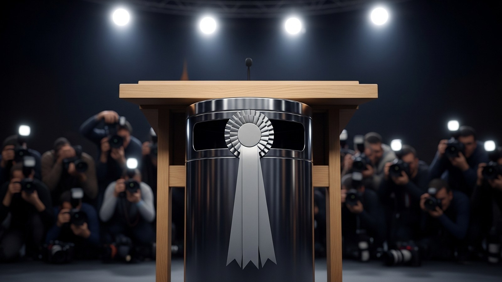 A stainless steel bin wearing a plain silver rosette stands behind a press-conference lectern
